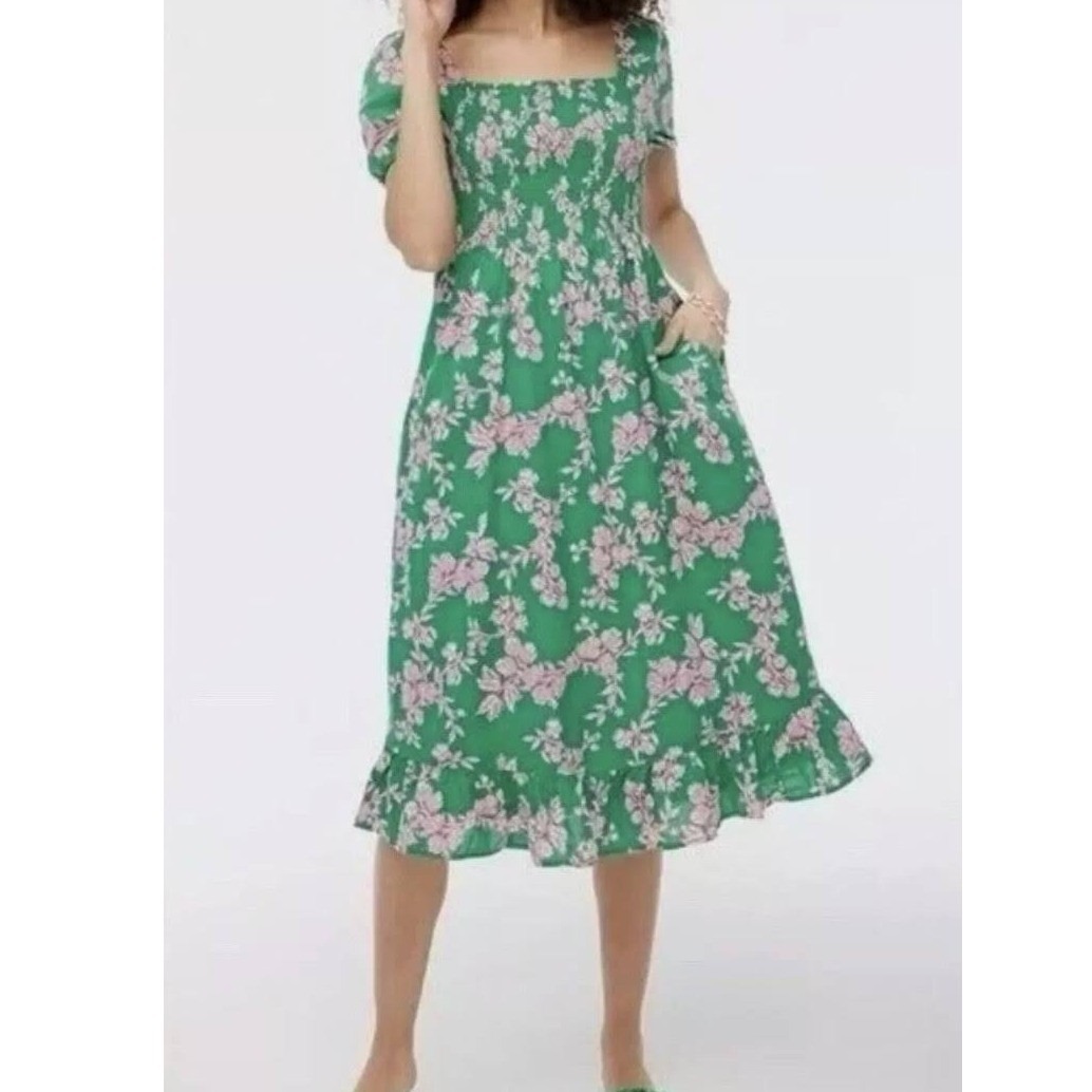 J. Crew Factory Smocked Midi Dress Green Pink Floral Size Small Nwt Summer